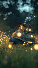 A giant, gentle snail with a translucent, iridescent shell that reflects all the colors of the rainbow. It carries a tiny, cozy house on its back, with glowing windows and a tiny chimney