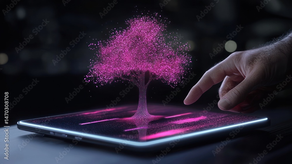 Poster a glowing digital tree is being touched on a tablet surface