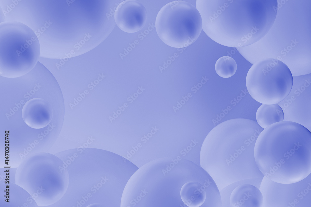 Poster Modern abstract art background with violet spheres as blank frame for text and soft focus in tranquil background setting for decor. Copy space. 3D rendering. Fluid and calm abstract pattern.