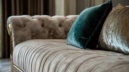 Luxurious tufted sofa with velvet pillows, living room, elegant interior, home decor