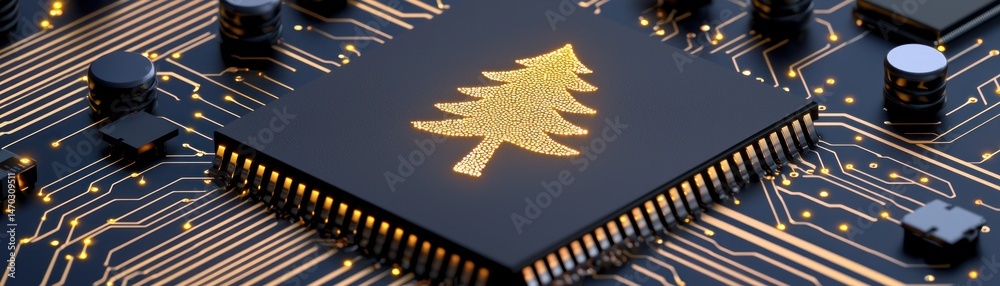 Poster A circuit board has a decorated processor with a christmas tree design