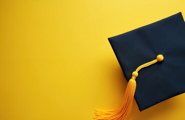 Black graduation cap with yellow tassel on bright yellow background. Symbol of education achievement. Academic success, new beginning, milestone in youth life journey. University, college graduate