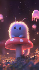 A wise and friendly blue caterpillar with a soft, fuzzy body, gently resting on a glowing red-and-white-spotted mushroom. Its big, kind eyes reflect the cosmic swirls in the sky above. A tiny pipe 