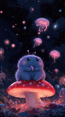 A wise and friendly blue caterpillar with a soft, fuzzy body, gently resting on a glowing red-and-white-spotted mushroom. Its big, kind eyes reflect the cosmic swirls in the sky above. A tiny pipe 