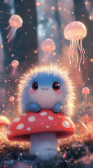 A wise and friendly blue caterpillar with a soft, fuzzy body, gently resting on a glowing red-and-white-spotted mushroom. Its big, kind eyes reflect the cosmic swirls in the sky above. A tiny pipe 