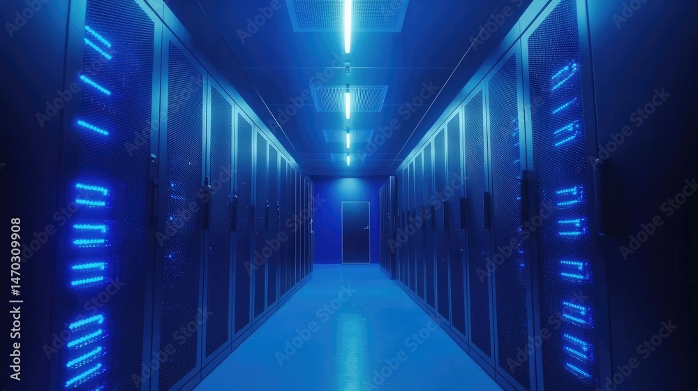 Aufkleber symmetrical view of a server corridor with bright blue ceiling lights and metal racks, suitable for 