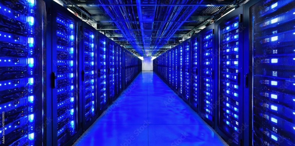 Poster Close-up view of server hardware glowing blue with LEDs, ideal for showcasing cloud storage, IT architecture, or tech system concepts