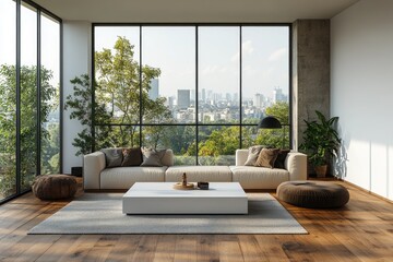 Fototapeta premium Modern living room with city views and lush greenery.