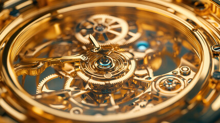 An intricate golden clockwork mechanism with tiny gears turning, emitting a soft blue luminescent glow, floating in an ethereal mist, ultra-macro high detail