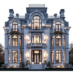 Fototapeta premium Luxury Residential Homes with Elegant Architecture and Manicured Exteriors, Isolated on White Background, Full Cut-Out for Real Estate, Architecture, and Lifestyle Concepts