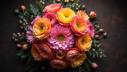 Overhead view of vibrant ranunculus flowers arrangement. Pink orange yellow petals in full bloom. Floral composition with green leaves background. Perfect for wedding, gift, romantic greetings.