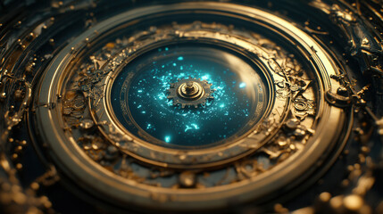 An intricate golden clockwork mechanism with tiny gears turning, emitting a soft blue luminescent glow, floating in an ethereal mist, ultra-macro high detail 