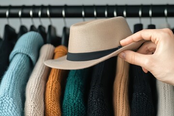 A hand holds a beige fedora hat in front of a row of colorful sweaters hanging on a clothing rack.