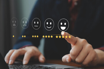 Customer services best excellent business rating experience. Satisfaction survey concept. user give rating to service experience on online application .