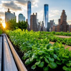 Fototapeta premium Vibrant Green Urban Garden With New York City Skyline Against Sunset View