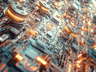 Ultra-realistic 3D close-up of futuristic microchips, extreme nanotechnology details, glowing electric blue circuitry with neon yellow pulses, photorealistic metallic surfaces, cinematic reflections 