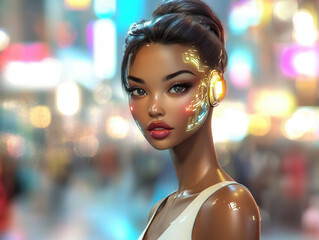 Ultra-detailed portrait of a human with seamless AI cybernetic enhancements, translucent neon circuits glowing under the skin, deep blue and purple lighting, futuristic Tokyo cyberpunk cityscape 