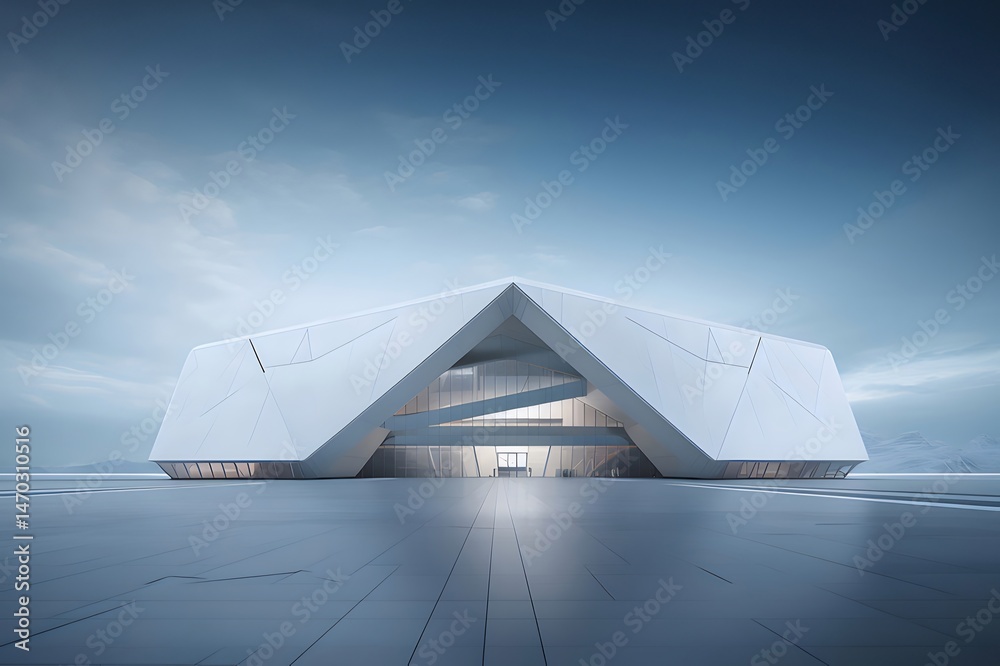Poster 雪景色の白い未来的な建物 幾何学的なデザインとミニマルな構造を持つ現代建築 冬の背景に抽象的な建物の外観