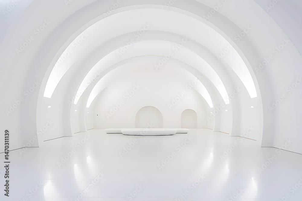 Aufkleber 白いアーチ型の構造が特徴的なミニマリストのインテリア空間 デザインと構造が融合した現代的な展示スペース