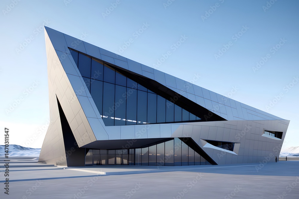 Poster 雪の背景に三角形の幾何学的なミニマルな近代建築デザインの建物の外観と未来的なファサード