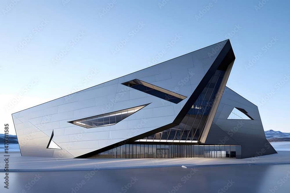 Aufkleber 氷の風景と明るい空を背景にした未来的な幾何学的デザインの金属建物のモダンな建築デザイン