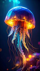 Luminous jellyfish with geometric patterns floats serenely in a dark ocean reflecting vibrant colors creating a mesmerizing underwater scene