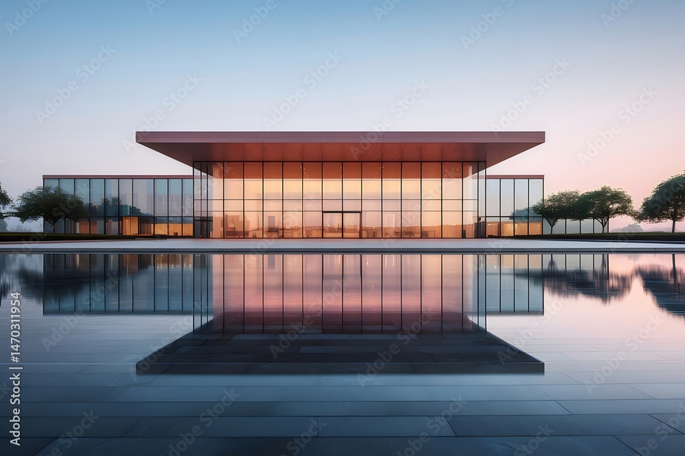 Aufkleber ミニマリスト建築デザインの夕暮れ時の眺め ガラスと水面反射が美しい幾何学的な建物 穏やかな空と風景を背景に持つ現代的な建築物
