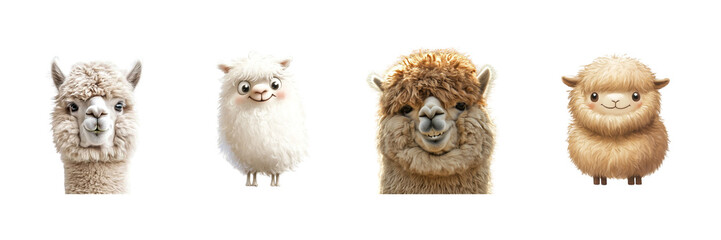 A set of fluffy alpaca with a quirky smile and thick coat, isolated against a transparent background