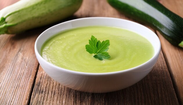 zucchini soup in a white bowl on a wooden table close up