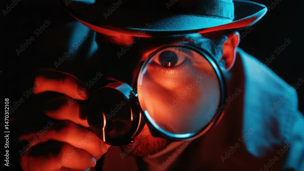 Poster a person examining something with a magnifying glass, suitable for detective or science-themed illus