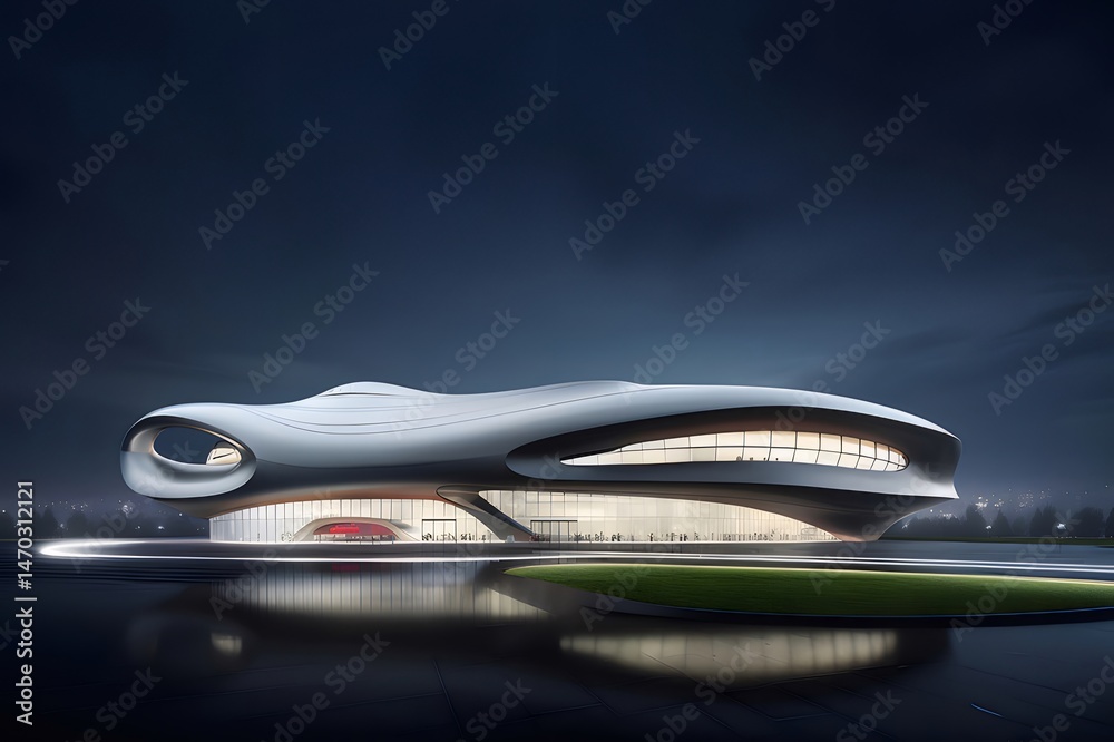 Aufkleber 現代建築の展示場 夜空の下で輝く未来的なデザインの建物 反射する水面と都市の明かりが美しく調和