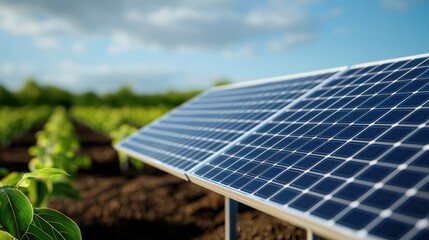 Fototapeta premium Energy Solar Tracking Concept, Detailed Graphical Representation of Renewable Energy Production from Solar Panels in Lush Green Field