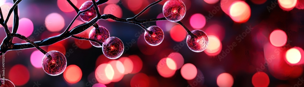 Aufkleber illuminated ornaments hanging on dark branches with blurred bokeh lights