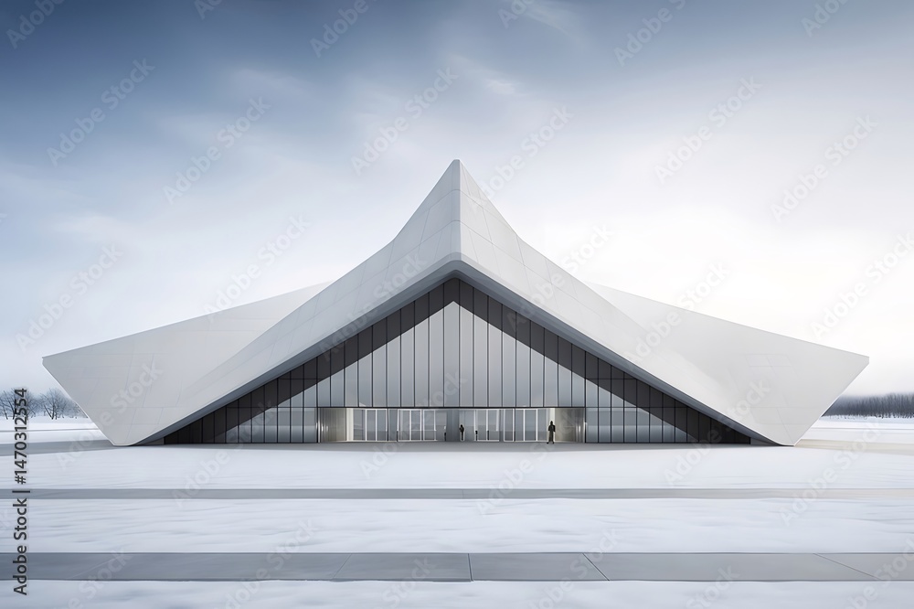 Poster 白い幾何学的な建物 冬の雪景色 ミニマリストデザイン 建築構造 抽象的なスカイライン 未来的な建造物