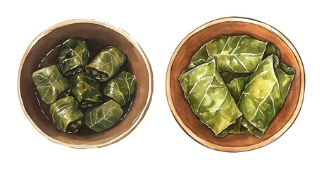 Dolma in a bowl with sauce, watercolor clipart illustration with isolated background.