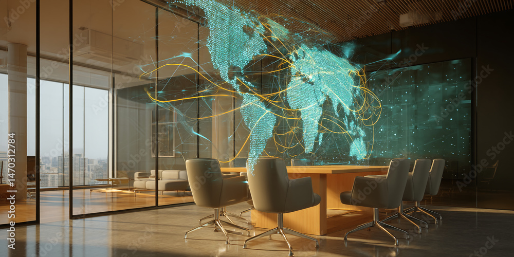 Poster Modern conference room with a holographic world map projection on a large screen, symbolizing global connectivity and networking, ideal for business and technology concepts