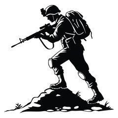 Soldier Silhouette With Rifle And Backpack On White Background