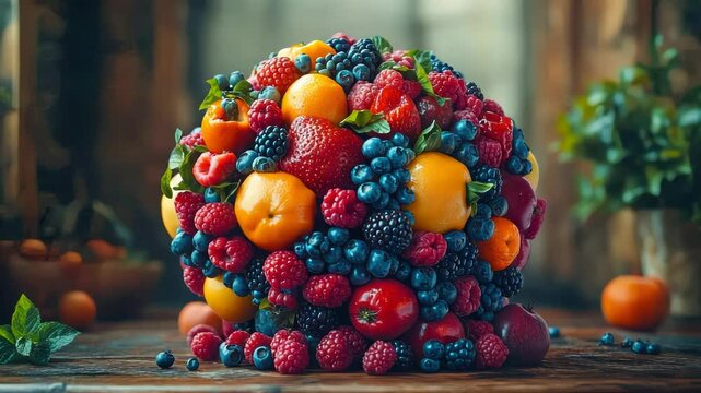 A vibrant assortment of fresh berries and citrus fruits arranged in the shape of a human brain, symbolizing healthy eating and brain function