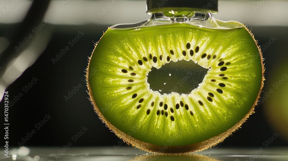 Poster a backlit kiwi slice with a droplet of green liquid