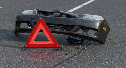 파손된 범퍼와 현장에 놓인 삼각대 비상표지