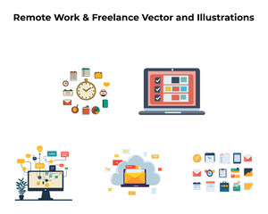 Remote Work and Freelance Vector Set – Task Planner, Cloud Storage, Email, Time Management Icons