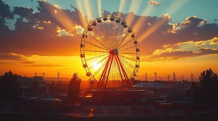 Sunset illuminates a giant Ferris wheel at a park.