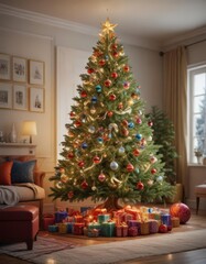 Shining Christmas tree with colorful ornaments in inviting living room , winter holiday, festive