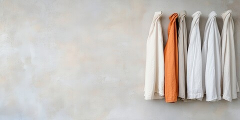 Six shirts, mostly white with one orange, hang neatly on a wall against a neutral background.