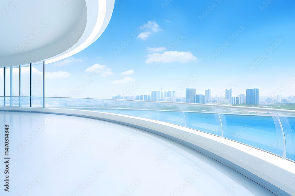 Aufkleber 近代的な白い建築のインテリアからの海の景色のパノラマの眺めと青い空のある都会のスカイライン