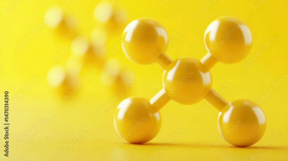 Poster close-up view of multiple spheres arranged on a bright yellow surface