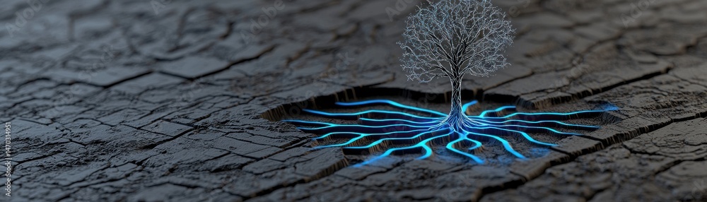 Poster an abstract tree grows from cracked earth with glowing roots