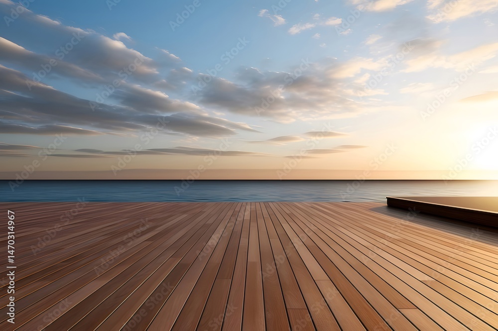 Aufkleber 夕暮れ時の穏やかな海景色 木製デッキと空と海の美しい夕焼け 穏やかな雰囲気 旅行と癒しを誘う背景
