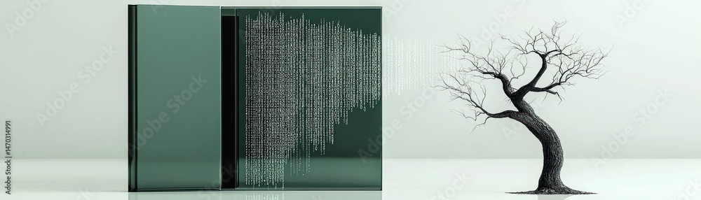 Poster A digital data flow streams from container towards a bare tree