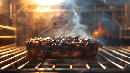 Burnt pie smoking in oven under warm light